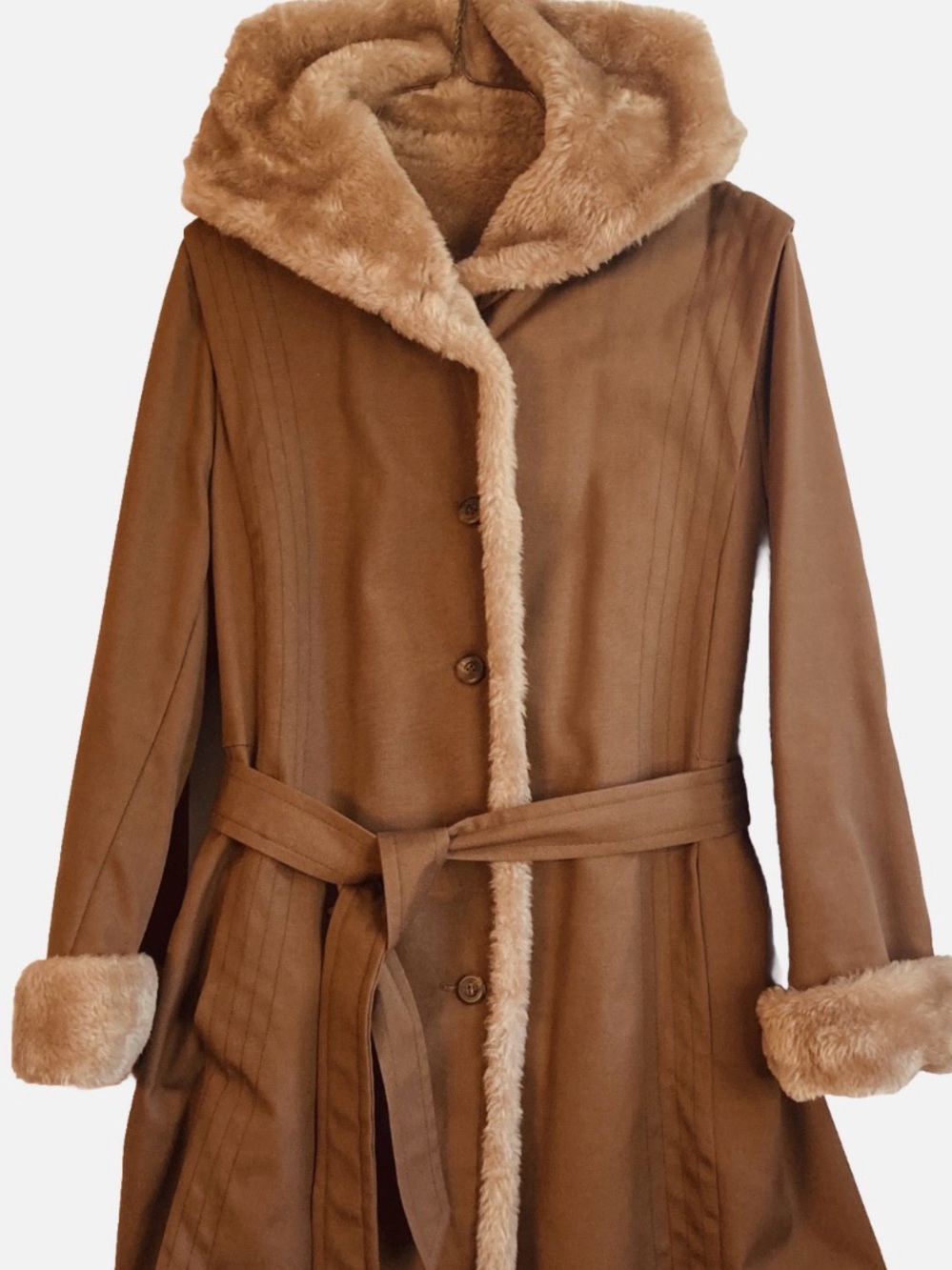 Vtg Bonder Brown Faux Fur, Lined Belted Winter Trench Coat
